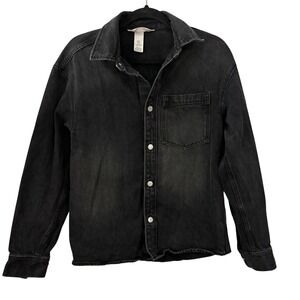H&M Black Denim Button Down Shirt Regular Fit Men's Small Washed Jean Shirt
